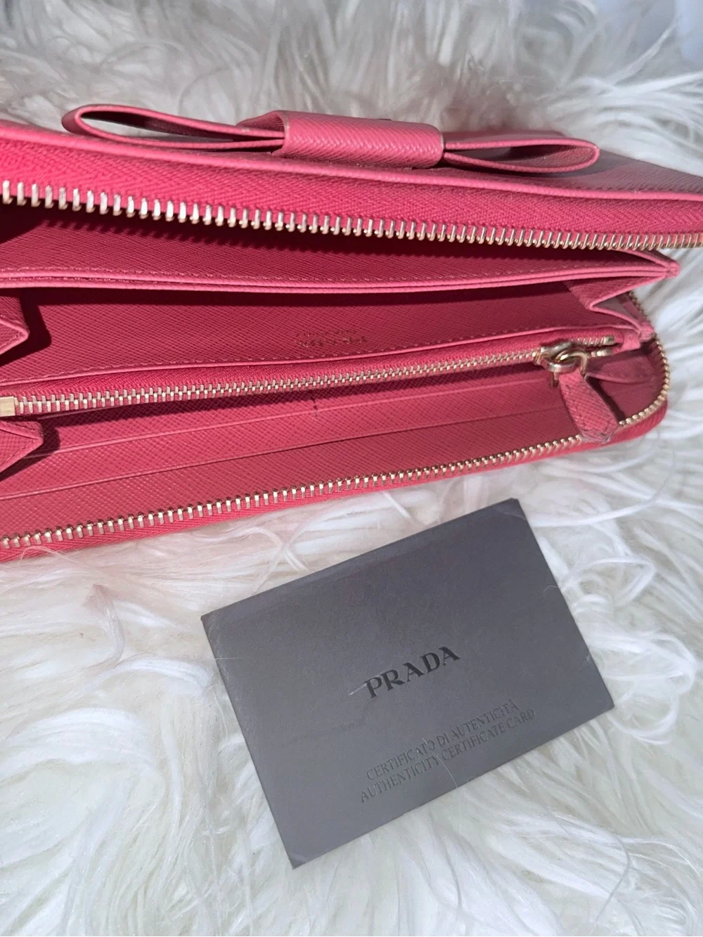 Prada Hot Pink Saffiano Leather Bow Zip Wallet